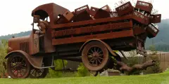 Calistoga Natural Beverages truck sculpture on a lawn in Napa Valley